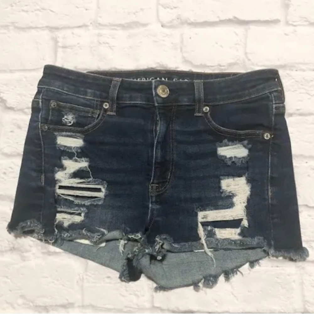 American Eagle Dark Wash Distressed Hi-rise Shortie Jean Shorts Size 8